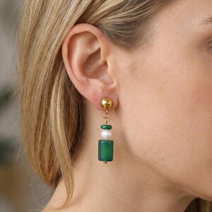 Malachite, pearl,  agate pendant earrings, 18K gold-plated earrings, Bohemian natural stone earrings, handmade minimalist earrings
