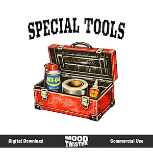 May include: An open red toolbox with the words "SPECIAL TOOLS" above it. Inside are a can of WX-04, a roll of tape, and a bottle of Super Glue. The image has a vintage, illustrative style.