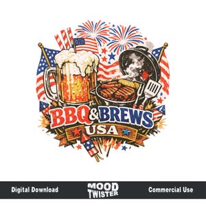 May include: A graphic design with the text "BBQ & BREWS USA" features a mug of beer, a grill with food, fireworks, and American flags. The design is in red, white, and blue.