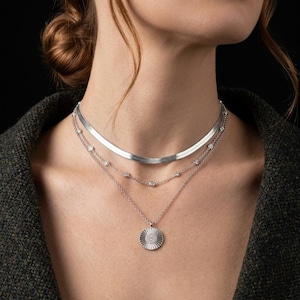 Conjunto de collar de plata en capas, cadena de espiga con colgante de rayos de sol y cristales engastados, gargantilla delicada de múltiples hilos para mujer, regalo para ella.
