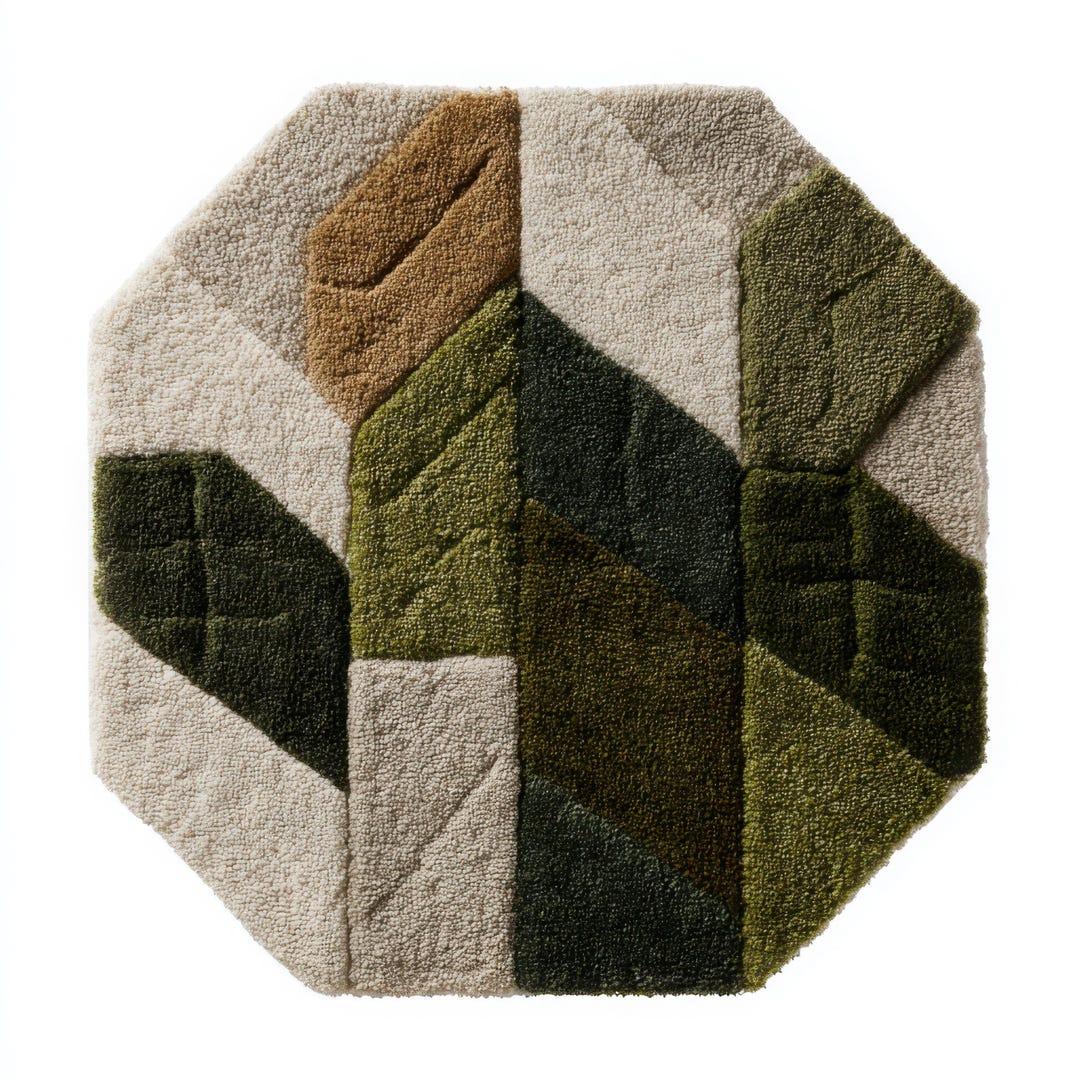 Hand Tufted Octagon Rug – Geometric Leaf Pattern in Olive Green, Beige ...