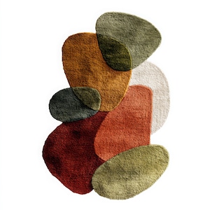 Könnte beinhalten: Ein moderner Teppich mit abstraktem Design. Der Teppich zeigt sich überlappende, unregelmäßig geformte Abschnitte in Rost-, Olivgrün-, Gold- und Cremetönen. Die Textur des Teppichs wirkt weich und plüschig, geeignet für ein Wohn- oder Schlafzimmer.