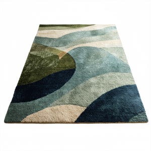 May include: A rectangular area rug with a flowing, abstract design. The rug features a mix of colors, including shades of blue, green, and beige, creating a wave-like pattern. The rug is made of a soft, plush material.