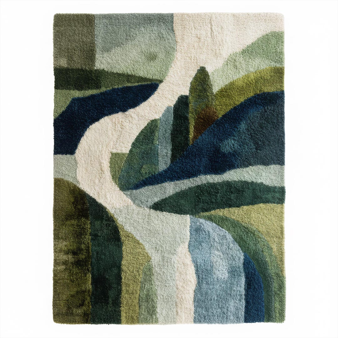 Hand Tufted Abstract River Rug – Modern Blue Green Landscape Wool Area ...