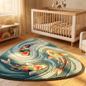 May include: A triangular area rug featuring a teal and light blue water-inspired background with three koi fish in shades of orange, white, and black. The rug has a textured surface with swirling patterns that mimic ripples in water.
