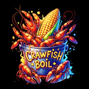 May include: A digital illustration of a crawfish boil. A metal bucket overflowing with cooked red crawfish and a yellow corn on the cob. The bucket has the words "CRAWFISH BOIL" in yellow lettering. The background is black.