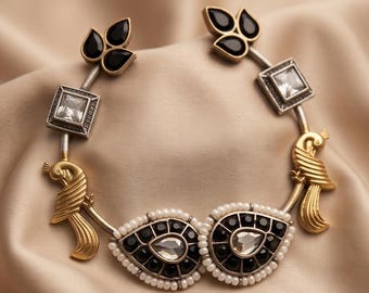 Elegant Dual Tone Peacock Ear Cuffs,Refined Oxidized Silver & Gold Ear Wraps, Minimalist Ethnic Statement Jewelry,Timeless Multi-Stone Cuffs