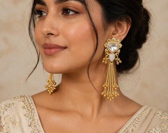Gold Chandelier Tassel Earrings – Romantic Bridal Statement Jewelry – Ornate Boho Dangle Earrings