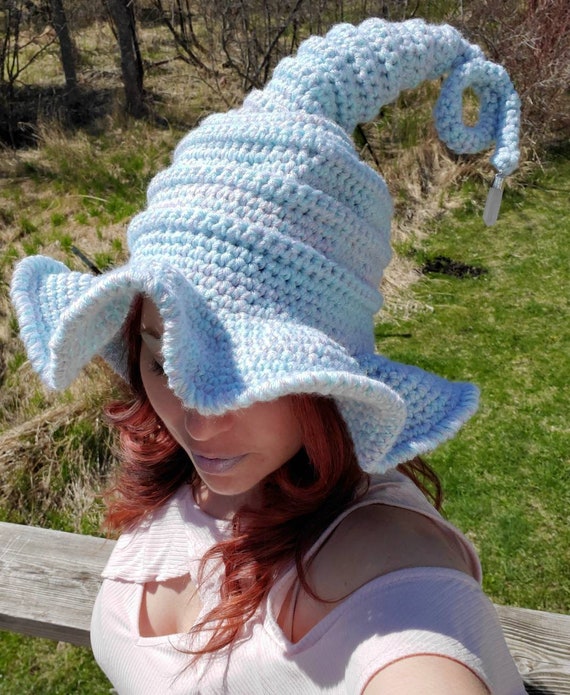 Crochet Twisted Witch Hat. Witch Costume Hat. Cosplay Hat. Halloween Witch Hat. Quartz Stone Pendant. Available in Multiple Sizes \u0026 Colors.