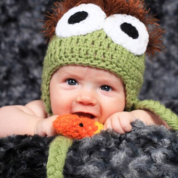 Crochet Monster themed Inspired Hat(BOW NOT INCLUDED)-Braided Tails & Worm Set-In Sizes: Newborn-0/3mo-3/6mo-6/9mo-9/12mo-Photo Prop