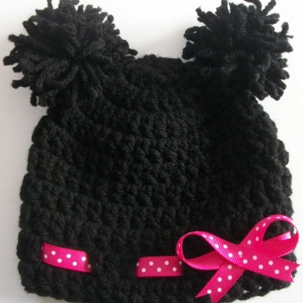 Hand Crocheted - Newborn Baby Girl - Minnie Mouse Hat Featuring Pink Polka-dot Bow