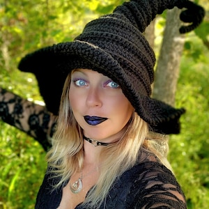 Crochet Black Twisted Witch Hat - WItch Costume Hat - Cosplay Hat - Halloween Witch Hat - Available In Multiple Sizes & Colors.