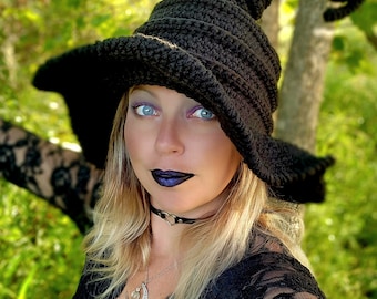 Crochet Black Twisted Witch Hat - WItch Costume Hat - Cosplay Hat - Halloween Witch Hat - Available In Multiple Sizes & Colors.