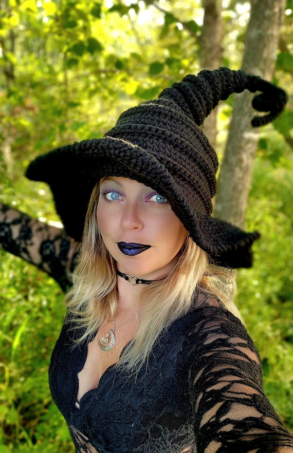 Crochet Black Twisted Witch Hat - WItch Costume Hat - Cosplay Hat - Halloween Witch Hat - Available In Multiple Sizes & Colors.