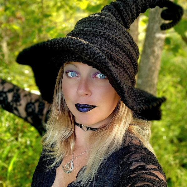 Crochet Black Twisted Witch Hat - WItch Costume Hat - Cosplay Hat - Halloween Witch Hat - Available In Multiple Sizes & Colors.