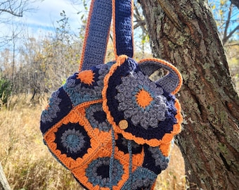 Crochet Indigo Glaze Sunburst Granny Square Boho Drawstring Bag. Book Bag. Festival Bag. Featuring Solid Plaid Liner.