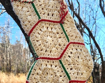 Crochet Granny Hexagon Christmas Stocking. Farmhouse Style Stocking. Holiday Stocking. Christmas Decor.