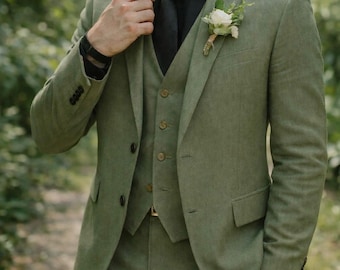 Sage Green Men’s Linen  3-Piece Suit – Backside View | Modern Groom Outfit