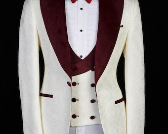 Royal Ivory and Burgundy Velvet Lapel Tuxedo – Groom & Party Wear Suit
