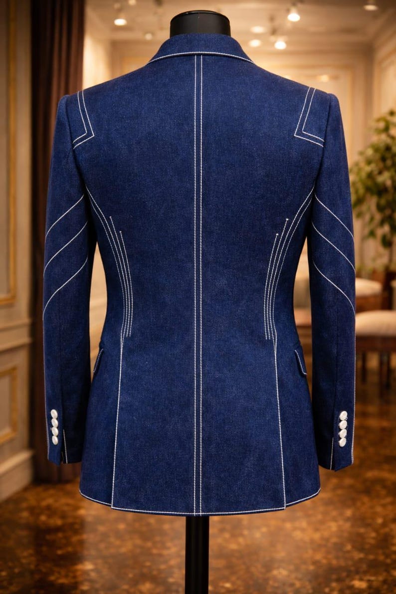 May include: A tailored navy blue blazer with white stitching details. The back of the jacket features vertical and angled white stitching, with white buttons on the sleeves. The blazer is displayed on a mannequin.