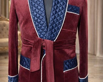 Royal Maroon Velvet Men’s Robe Jacket with Quilted Shawl Collar