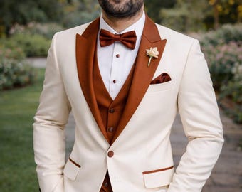 Cream Tuxedo Suit with Rust Satin Shawl Lapel – 3 Piece Wedding Attire