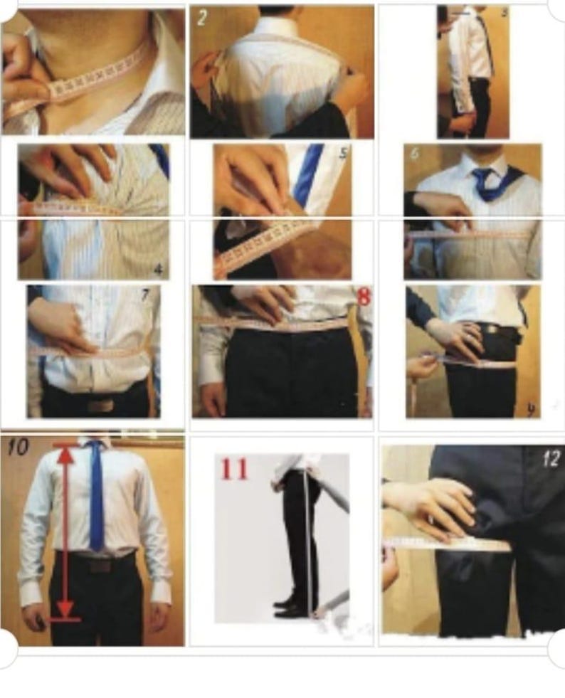 May include: A series of images demonstrating how to measure a person for a suit. The images show measurements being taken around the neck, shoulders, chest, waist, and inseam using a measuring tape. The person is wearing a white dress shirt and black pants.