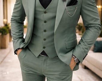 Elegant Sage Green Three Piece Suit with Black Accents