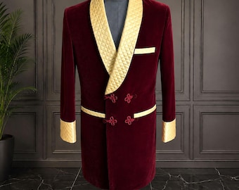 Men long  red velvet smoking jacket classic tuxedo style