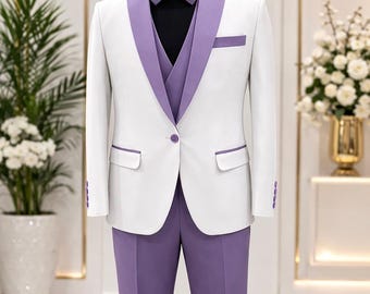 White Tuxedo Suit Lavender Shawl Lapel Purple Pants Wedding Party Ensemble