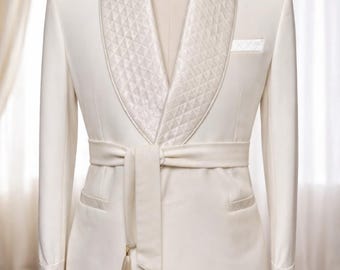 Luxury White Men’s Sherwani-Style Jacket with Quilted Shawl Lapel & Belt – Wedding  Groom Wear