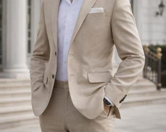 Luxury Beige Men’s Linen Suit – Slim Fit Classic Blazer  Trousers | Elegant Formal Wear
