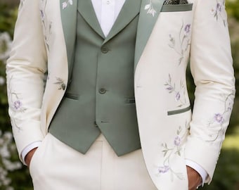 Ivory Floral Embroidered Tuxedo Suit with Sage Green Waistcoat – Luxury Wedding Groom Outfit