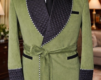 Men,s  premium Olive green smoking jacket with quiled Black Shawl Collar velvet