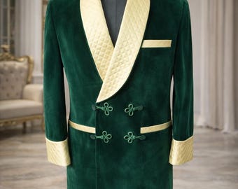 Men,s  premium green smoking jacket with quiled yello  Shawl Collar velvet