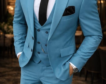 Men's Sky Blue Slim Fit 3-Piece Suit – Wedding Prom Formal Tuxedo