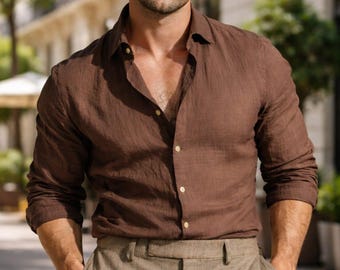 Brown Linen Shirt with Off-White Tailored Trousers – Classic Summer Look