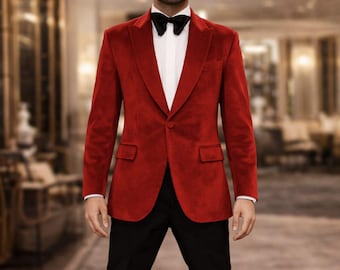 Men red velvet smoking jacket classic tuxedo style