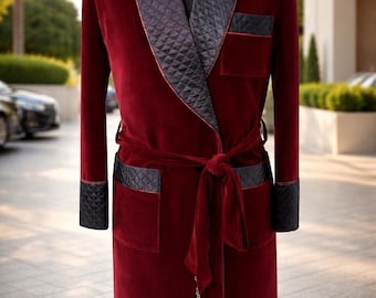 Maroon Velvet Robe – Men’s Quilted Shawl Collar Lounge Coat