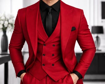 Men’s Luxury Red Three-Piece Suit – Slim Fit Wedding & Party Tuxedo