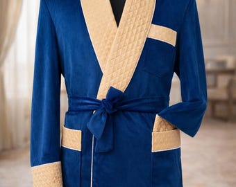 Royal Blue Velvet Men's Jacket - Quilted Lapel, Belted Robe