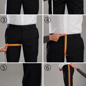 May include: A series of six images demonstrating how to measure for a pair of black dress pants. A measuring tape is used to measure the waist, inseam, and leg opening. The website address www.bagteshfashion.com is visible at the bottom of the image.