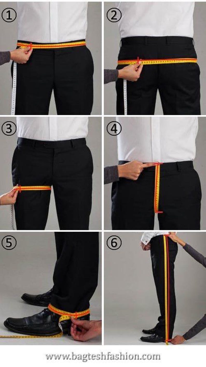 May include: A series of six images demonstrating how to measure for a pair of black dress pants. A measuring tape is used to measure the waist, inseam, and leg opening. The website address www.bagteshfashion.com is visible at the bottom of the image.