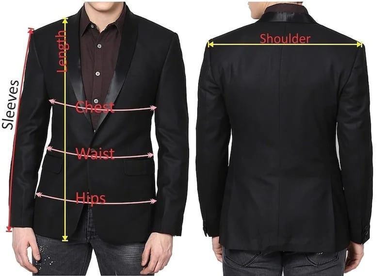May include: A black blazer with a satin lapel is shown from the front and back, with measurement labels for length, sleeves, chest, waist, hips, and shoulder. The blazer is worn over a brown dress shirt and dark jeans.
