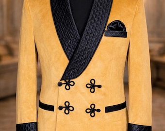 Luxury Mustard Velvet Men’s Jacket with Black Quilted Shawl Lapel