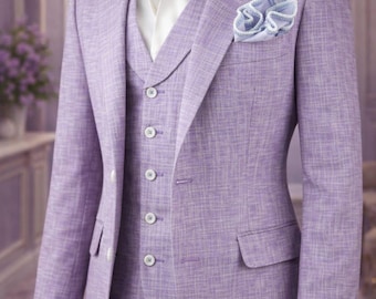 Luxury Lavender 3-Piece Men’s Linen Suit | Slim Fit Blazer, Waistcoat & Trouser | Wedding Party Wear”