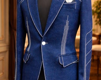 Royal Blue Designer Blazer with White Stitch Detailing