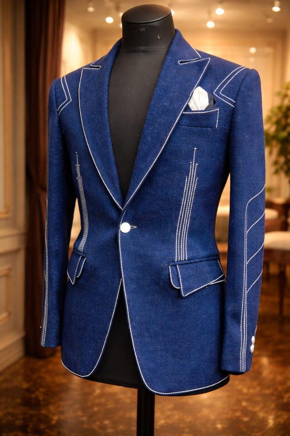 Royal Blue Designer Blazer with White Stitch Detailing