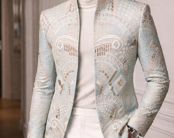 Luxury PASTEL blue embroidered jacket for men