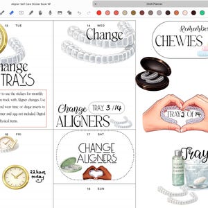 Peut inclure: Une page de planificateur numérique avec des illustrations pour les soins personnels des aligneurs. Comprend une horloge, des aligneurs transparents et le texte "Change Trays" et "Change Aligners". Comprend un rappel pour "Chewies" et un compteur de gouttières.